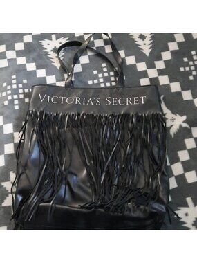 Victoria's Secret Love, Victoria Black Fringe Faux Leather Extra Large Tote